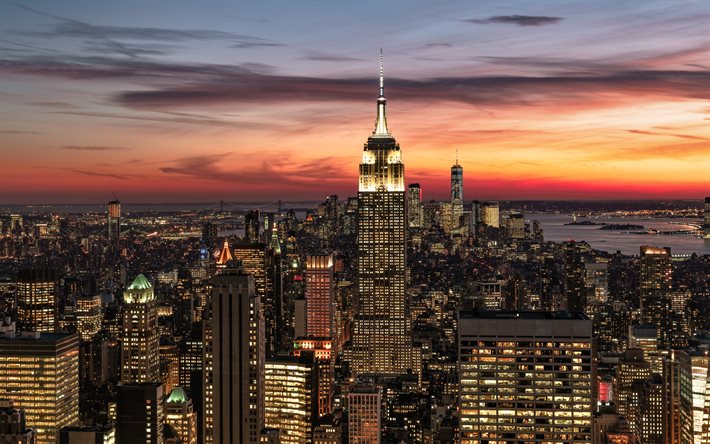 Cidade de Nova York, Manhattan, noite, p&#244;r do sol, panorama de Nova York, Empire State Building, arranha-c&#233;us, edif&#237;cios modernos, Nova York, EUA, paisagem urbana de Nova York