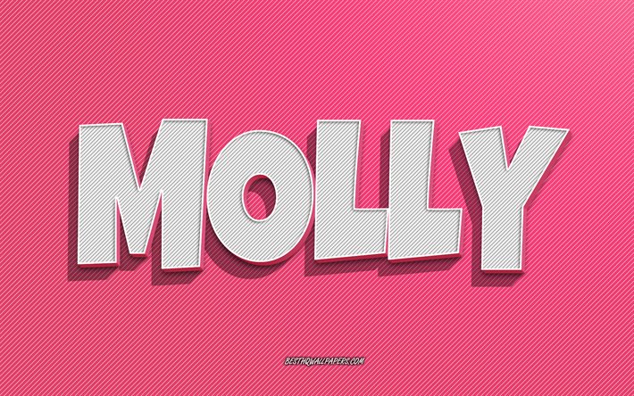 Molly, fond de lignes roses, fonds d&#39;&#233;cran avec des noms, nom Molly, noms f&#233;minins, carte de voeux Molly, dessin au trait, photo avec nom Molly