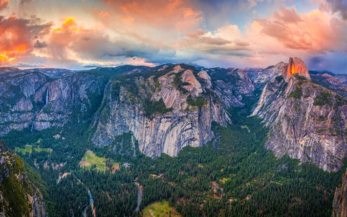 Glacier Point, 4k, sunset, mountain landscape, summer, valley, Yosemite National Park, american landmarks, fog, beautiful nature, Sierra Nevada, USA, America