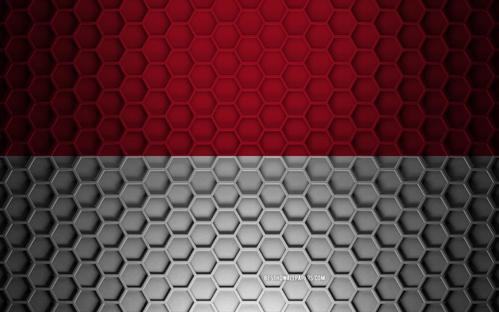 Drapeau de Monaco, texture d&#39;hexagones 3d, Monaco, texture 3d, drapeau de Monaco 3d, texture en m&#233;tal, drapeau de Monaco