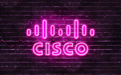 Ciscon violetti logo, 4k, violetti tiilisein&#228;, Cisco -logo, tuotemerkit, Cisco -neonlogo, Cisco
