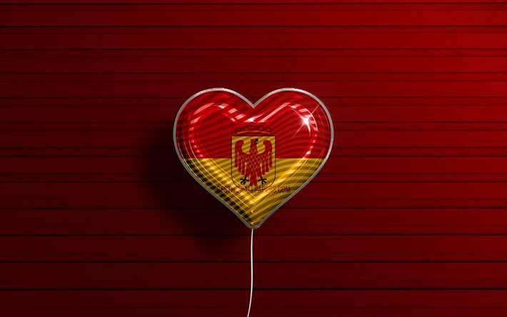 J&#39;aime Potsdam, 4k, ballons r&#233;alistes, fond en bois rouge, villes allemandes, drapeau de Potsdam, Allemagne, ballon avec drapeau, Potsdam, jour de Potsdam