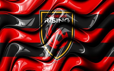 Phoenix Rising flag, 4k, red and black 3D waves, USL, american soccer team, Phoenix Rising logo, football, soccer, Phoenix Rising FC