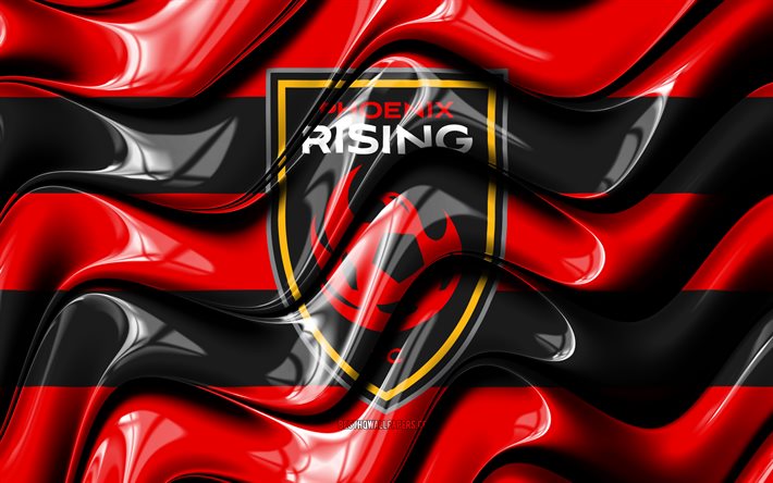 Phoenix Rising -flagga, 4k, r&#246;da och svarta 3D -v&#229;gor, USL, amerikansk fotbollslag, Phoenix Rising -logotyp, fotboll, Phoenix Rising FC