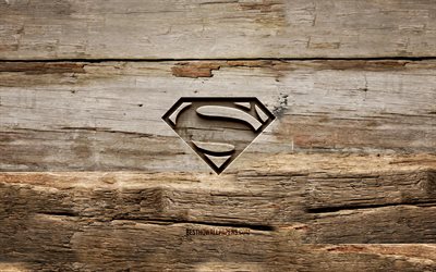 Logotipo do Superman em madeira, 4K, planos de fundo em madeira, super-her&#243;is, logotipo do Superman, criativo, escultura em madeira, Superman
