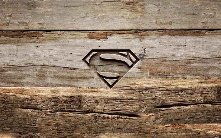 Superman wooden logo, 4K, wooden backgrounds, superheroes, Superman logo, creative, wood carving, Superman