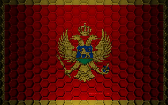 Montenegro flagga, 3d hexagons textur, Montenegro, 3d textur, Montenegro 3d flagga, metall textur, Montenegros flagga