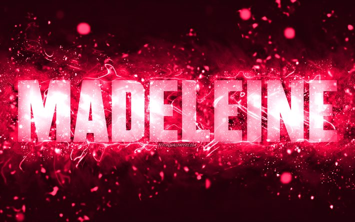 Joyeux anniversaire Madeleine, 4k, néons roses, nom de Madeleine, créatif, joyeux anniversaire de Madeleine, anniversaire de Madeleine, noms féminins américains populaires, photo avec le nom de Madeleine, Madeleine