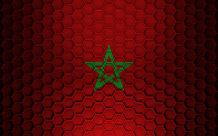 Drapeau du Maroc, texture d&#39;hexagones 3d, Maroc, texture 3d, drapeau du Maroc 3d, texture en m&#233;tal, drapeau du Maroc