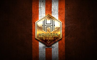 Houston Dash FC, golden logo, NWSL, orange metal background, american soccer club, National Womens Soccer League, Houston Dash logo, soccer, Houston Dash