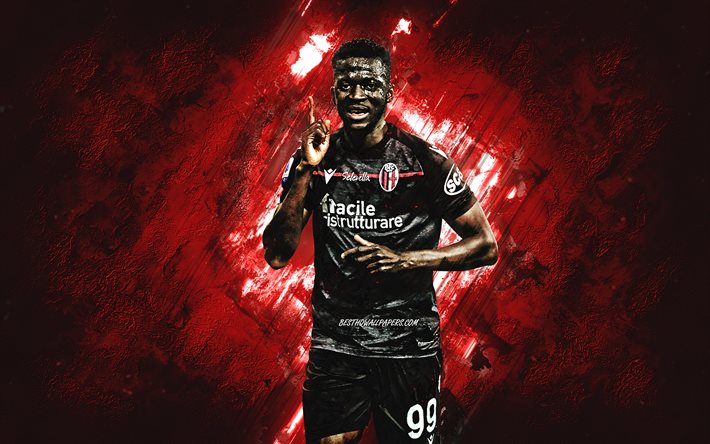 Musa Barrow, AC Milan, Gambian jalkapalloilija, muotokuva, punainen kivi tausta, grunge art, jalkapallo, Italia