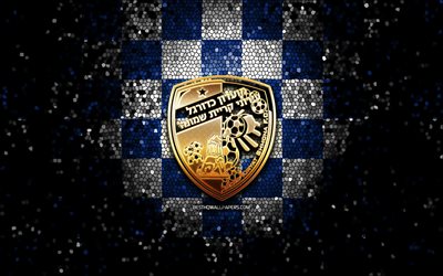 Hapoel Ironi Kiryat Shmona FC, glitterlogo, Ligat ha Al, bl&#229;vit rutig bakgrund, fotboll, israelisk fotbollsklubb, Hapoel Ironi Kiryat Shmona -logotyp, mosaikkonst, Hapoel Ironi Kiryat Shmona, Israel