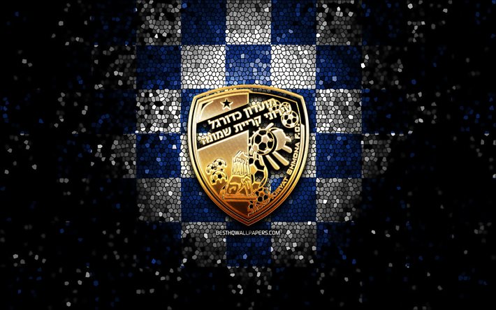 Hapoel Ironi Kiryat Shmona FC, glitter logo, Ligat ha Al, blue white checkered background, soccer, Israeli football club, Hapoel Ironi Kiryat Shmona logo, mosaic art, football, Hapoel Ironi Kiryat Shmona, Israel