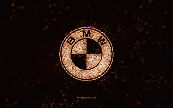 BMWキラキラロゴ, 4k, 黒の背景, BMWロゴ, オレンジ色のキラキラアート, BMW, クリエイティブアート, BMWオレンジキラキラロゴ