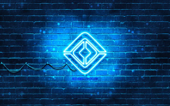 Rivian logo blu, 4k, muro di mattoni blu, logo Rivian, marche di automobili, logo Rivian neon, Rivian