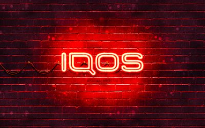 IQOS red logo, 4k, red brickwall, IQOS logo, brands, IQOS neon logo, IQOS