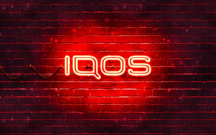IQOS kırmızı logosu, 4k, kırmızı brickwall, IQOS logosu, markalar, IQOS neon logosu, IQOS