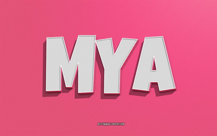 Mya, rosa linjer bakgrund, tapeter med namn, Mya namn, kvinnliga namn, Mya gratulationskort, linjekonst, bild med Mya namn