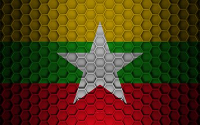 Myanmar flag, 3d hexagons texture, Myanmar, 3d texture, Myanmar 3d flag, metal texture, flag of Myanmar