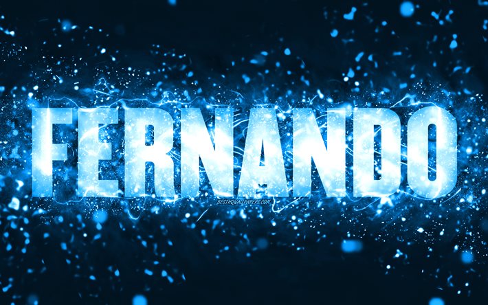 Buon Compleanno Fernando, 4k, luci al neon blu, nome Fernando, creativo, Fernando Buon Compleanno, Compleanno Fernando, nomi maschili americani popolari, foto con nome Fernando, Fernando