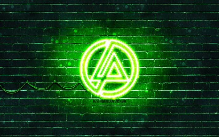 Linkin Parkin vihre&#228; logo, 4k, musiikkit&#228;hdet, vihre&#228; tiilisein&#228;, Linkin Parkin logo, tuotemerkit, Linkin Park neonlogo, Linkin Park