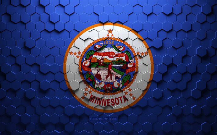 Bandeira de Minnesota, arte em favo de mel, bandeira hex&#225;gonos de Minnesota, Minnesota, arte em hex&#225;gonos 3D, bandeira de Minnesota