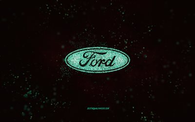 Ford glitter -logo, 4k, musta tausta, Ford -logo, turkoosi glitter -taide, Ford, luova taide, Ford turkoosi glitter -logo