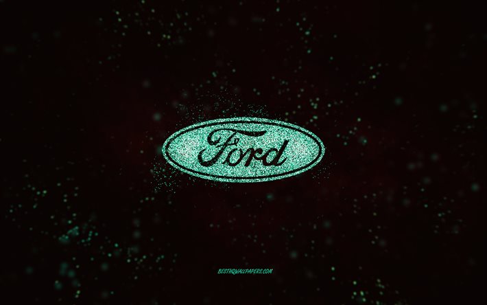 Ford glitter logotyp, 4k, svart bakgrund, Ford logotyp, turkos glitter konst, Ford, kreativ konst, Ford turkos glitter logotyp