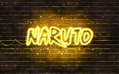 Naruto yellow logo, 4k, yellow brickwall, Naruto logo, manga, Naruto neon logo, Naruto