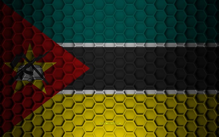 Drapeau du Mozambique, texture des hexagones 3d, Mozambique, texture 3d, drapeau du Mozambique 3d, texture en m&#233;tal, drapeau du Mozambique