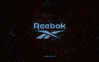 Reebok glitter logo, 4k, black background, Reebok logo, blue glitter art, Reebok, creative art, Reebok blue glitter logo