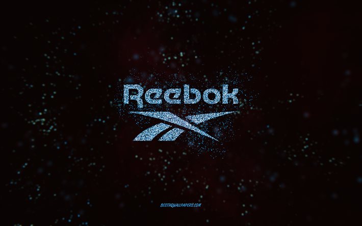 Logotipo de Reebok glitter, 4k, fondo negro, logotipo de Reebok, arte de brillo azul, Reebok, arte creativo, logotipo de brillo azul de Reebok
