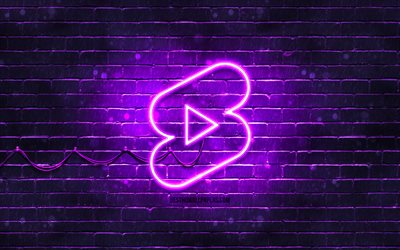 Youtube shorts violet logo, 4k, violet brickwall, Youtube shorts logo, social networks, Youtube shorts neon logo, Youtube shorts