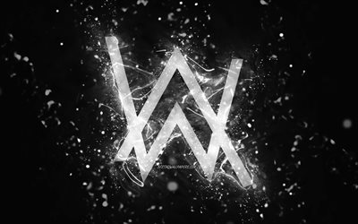 Alan Walker white logo, 4k, Norwegian DJs, white neon lights, creative, black abstract background, Alan Olav Walker, Alan Walker logo, music stars, Alan Walker