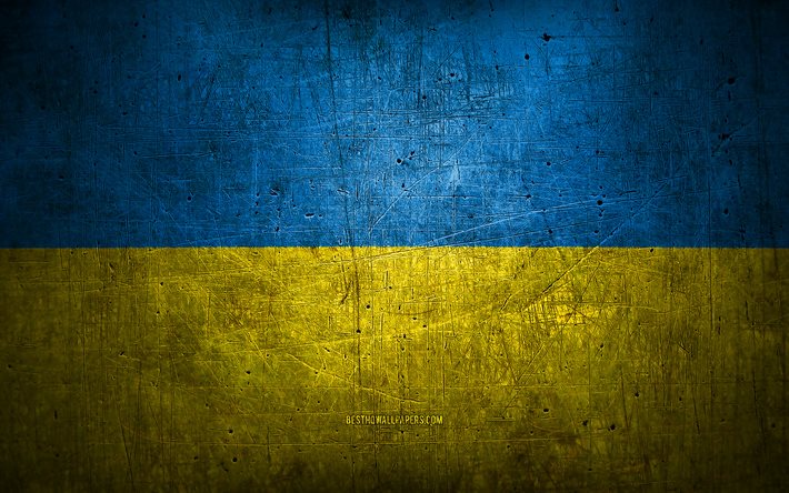 Ukrainsk metallflagga, grungekonst, europeiska l&#228;nder, Ukrainas dag, nationella symboler, Ukrainas flagga, metallflaggor, Europa, Ukrainsk flagga, Ukraina