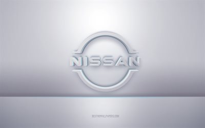 Logotipo branco 3D da Nissan, fundo cinza, logotipo da Nissan, arte criativa em 3D, Nissan, emblema 3D