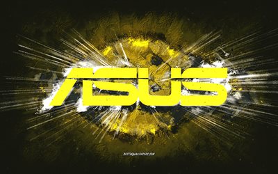 Asus -logotyp, grungekonst, gul stenbakgrund, Asus gul logotyp, Asus, kreativ konst, Asus grunge -logotyp