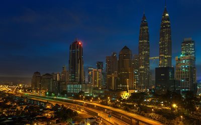 Kuala Lumpur, Malaisie, Tours Jumelles Petronas, m&#233;tropole, la nuit
