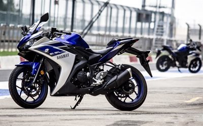 Yamaha YZF-R3, sportbikes, raceway, blue Yamaha
