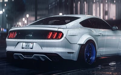 Ford Mustang GT, rain, tuning, night, american cars, Ford