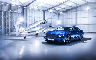 Bentley Continental GT, 2018 cars, plane, blue Continental GT, luxury cars, Bentley