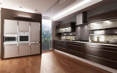 moderni keitti&#246; suunnittelu, moderni sisustus, ruskea keitti&#246;, ruskea vaatekaapit