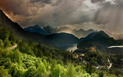 Castelo De Neuschwanstein, HDR, montanhas, floresta, Baviera, Alpes, alem&#227;o marcos, Europa, Alemanha