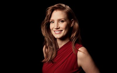 Jessica Chastain, smile, red dress, american actress, portrait, beautiful woman