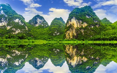 Bambu, floresta, selva, montanhas, rochas, lago, China