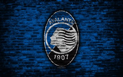 Atalanta FC, 4k, logo, brick wall, Serie A, football, Italian football club, soccer, Atalanta, brick texture, Bergamo, Italy