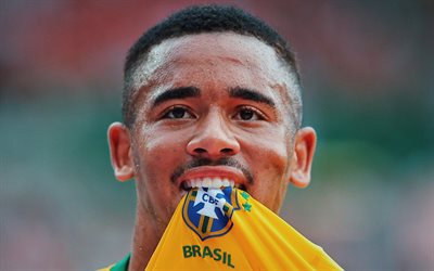 Gabriel Jesus, 4k, Brazil national football team, emblem, logo, portrait, face, Brazilian football player, Brazil, football, Gabriel Fernando de Jesus