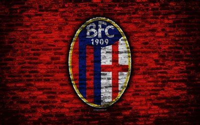 Bologna FC, 4k, logotipo, pared de ladrillos, de la Serie a, f&#250;tbol, club de f&#250;tbol italiano, Bolonia, textura de ladrillo, Bergamo, Italia