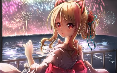 Ienaga Mugi, fireworks, kimono, artwork, Virtual YouTuber