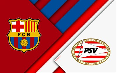 FC Barcelona vs PSV, 4k, material och design, f&#228;rg abstraktion, logotyper, promo, UEFA Champions League, fotbollsmatch, football club logotyper, Europa